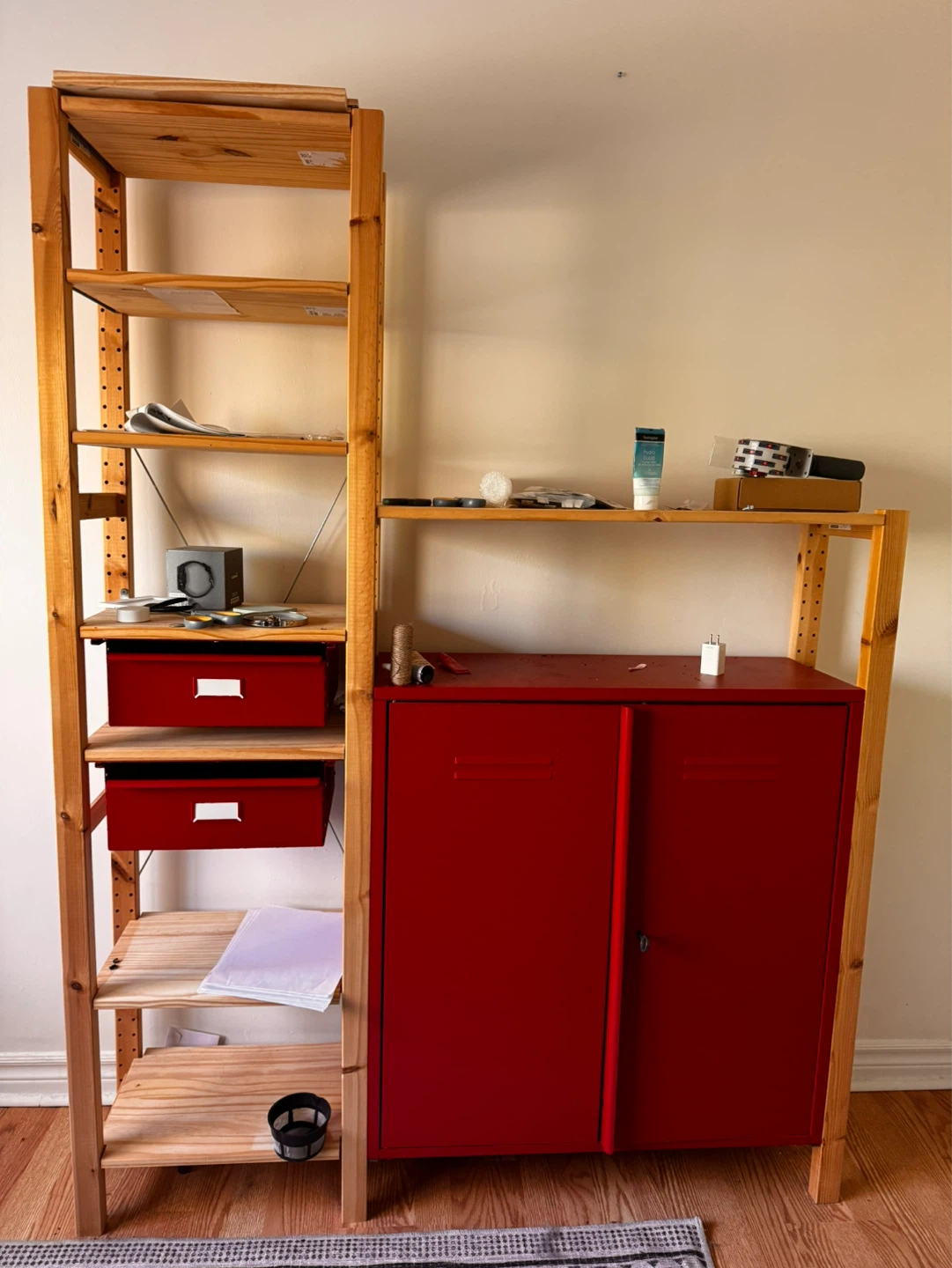 IKEA IVAR Modular Shelving Unit with Red Cabinet