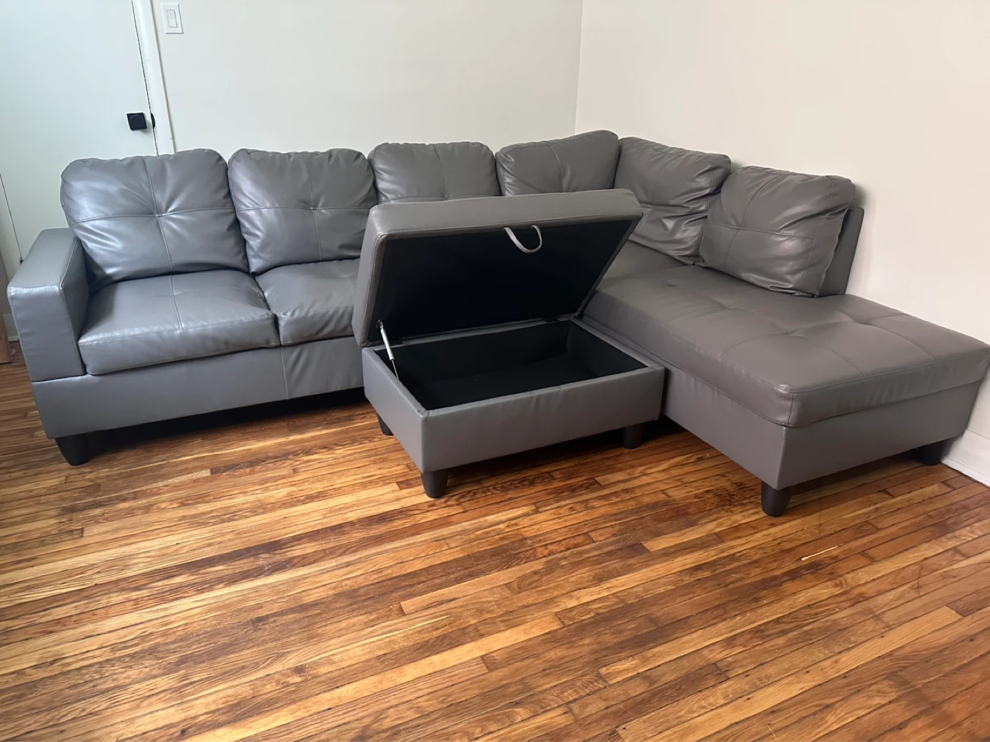 Grey Faux Leather Sectional Sofa with Storage Ottoman - photo 2