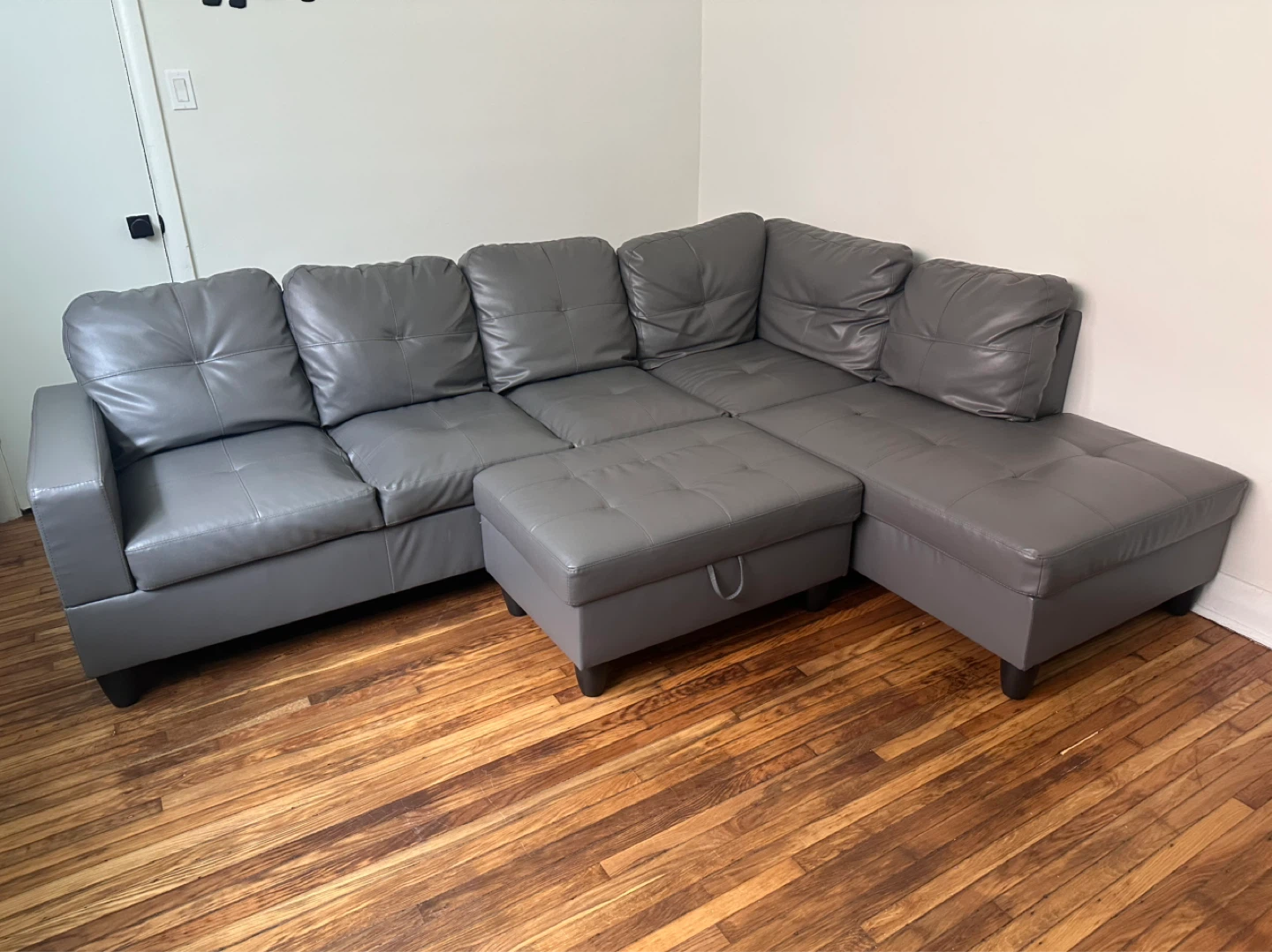 Grey Faux Leather Sectional Sofa with Storage Ottoman