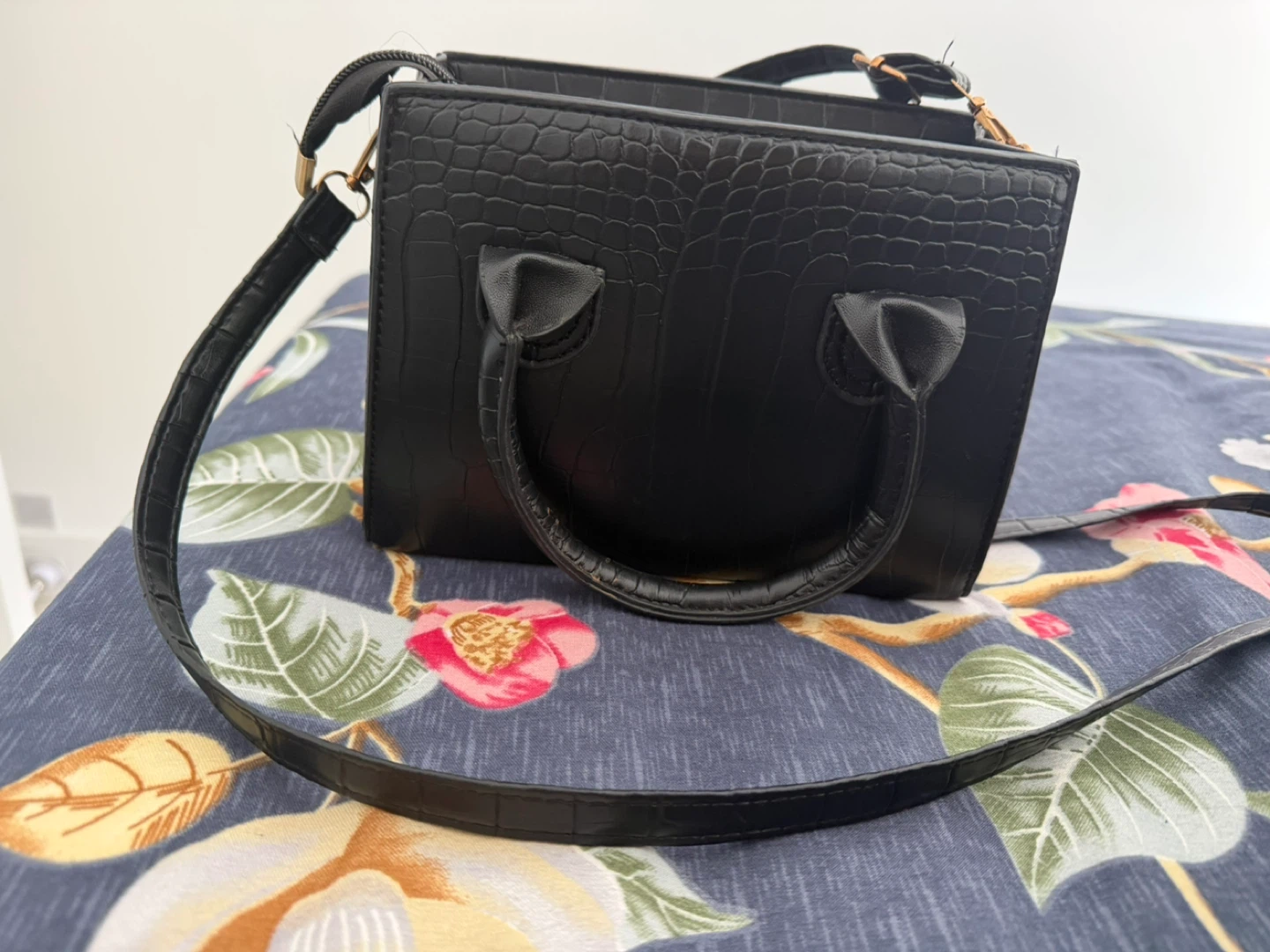 Black Faux Croc Handbag with Strap