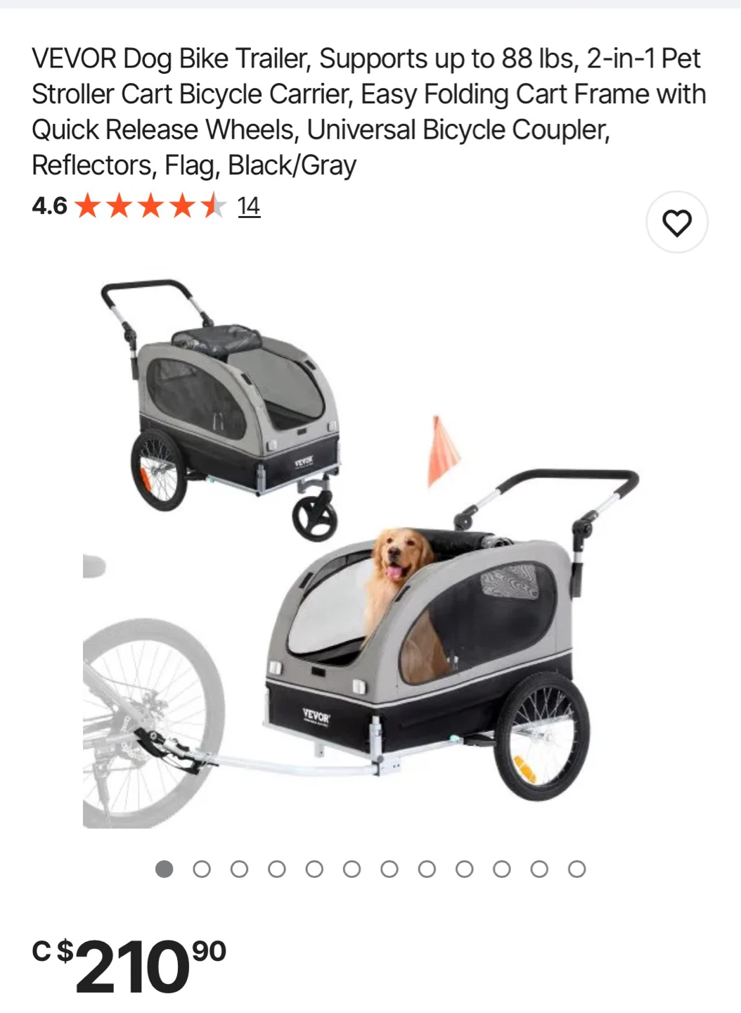 VEVOR 2-in-1 Dog Bike Trailer/Stroller - Black/Gray