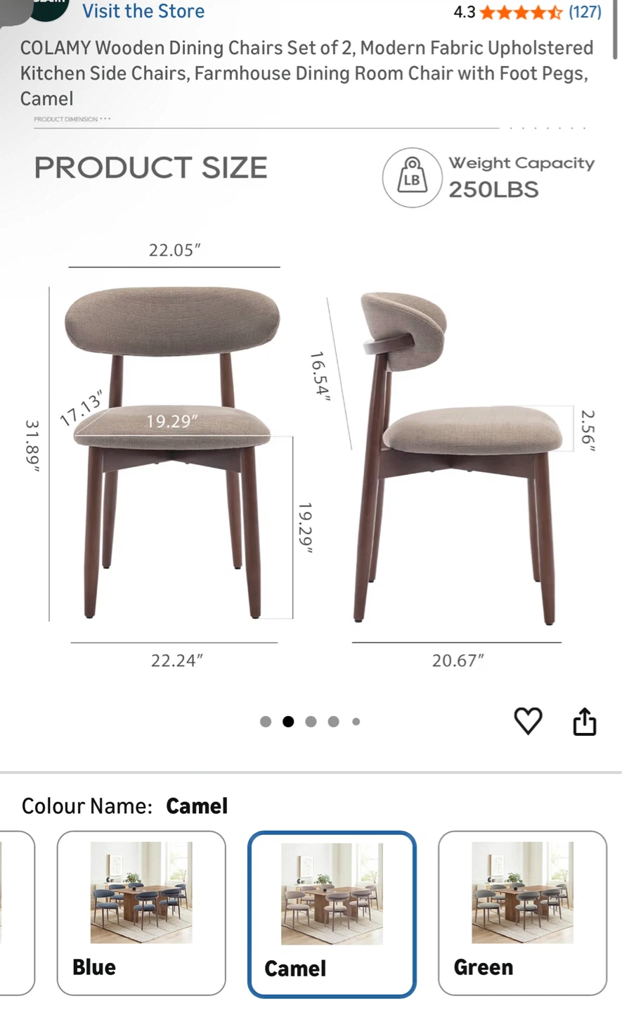 Beautiful Wooden Dining Chairs - Set of 2, Camel Fabric - photo 2