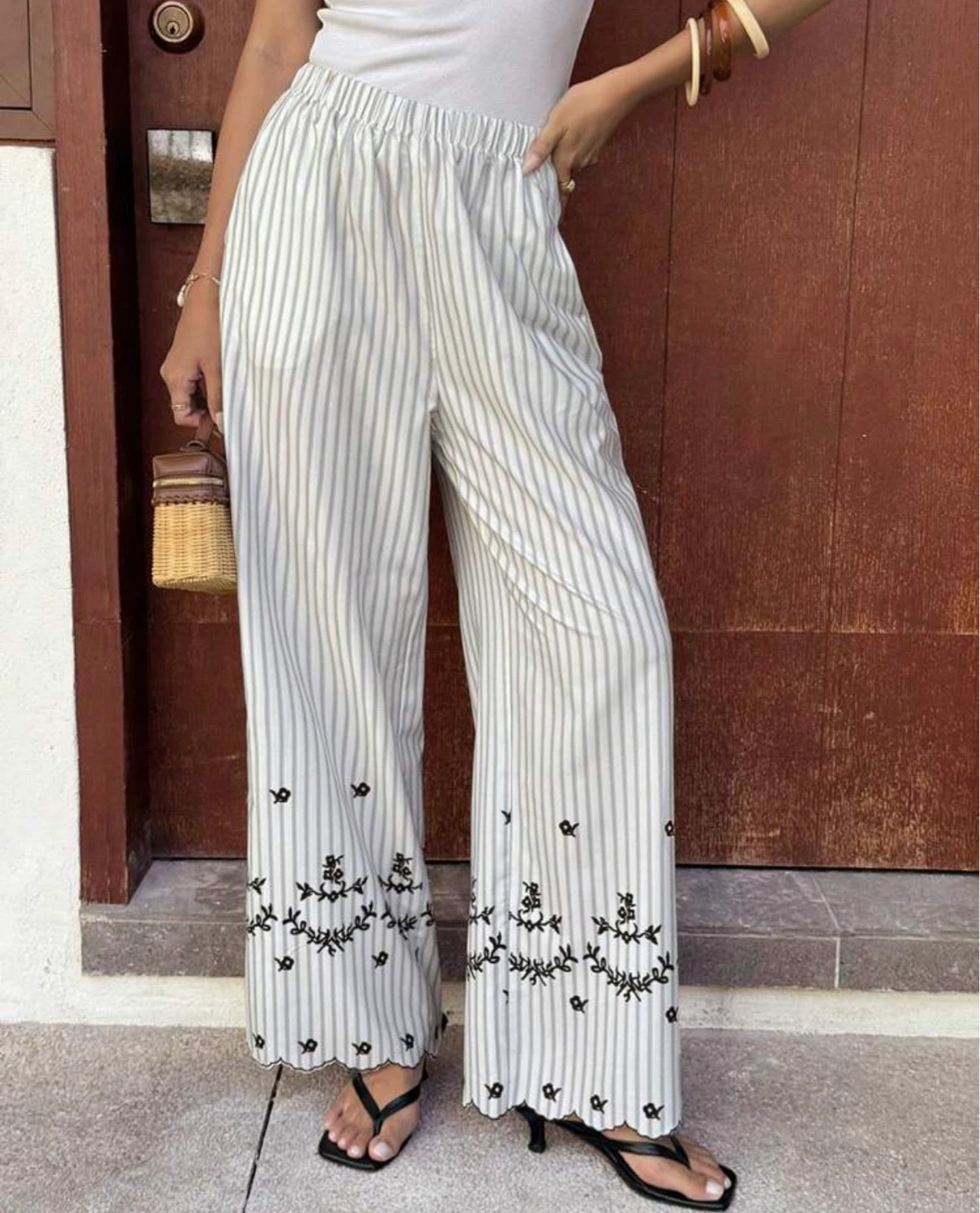 Striped Wide-Leg Pants with Black Embroidery