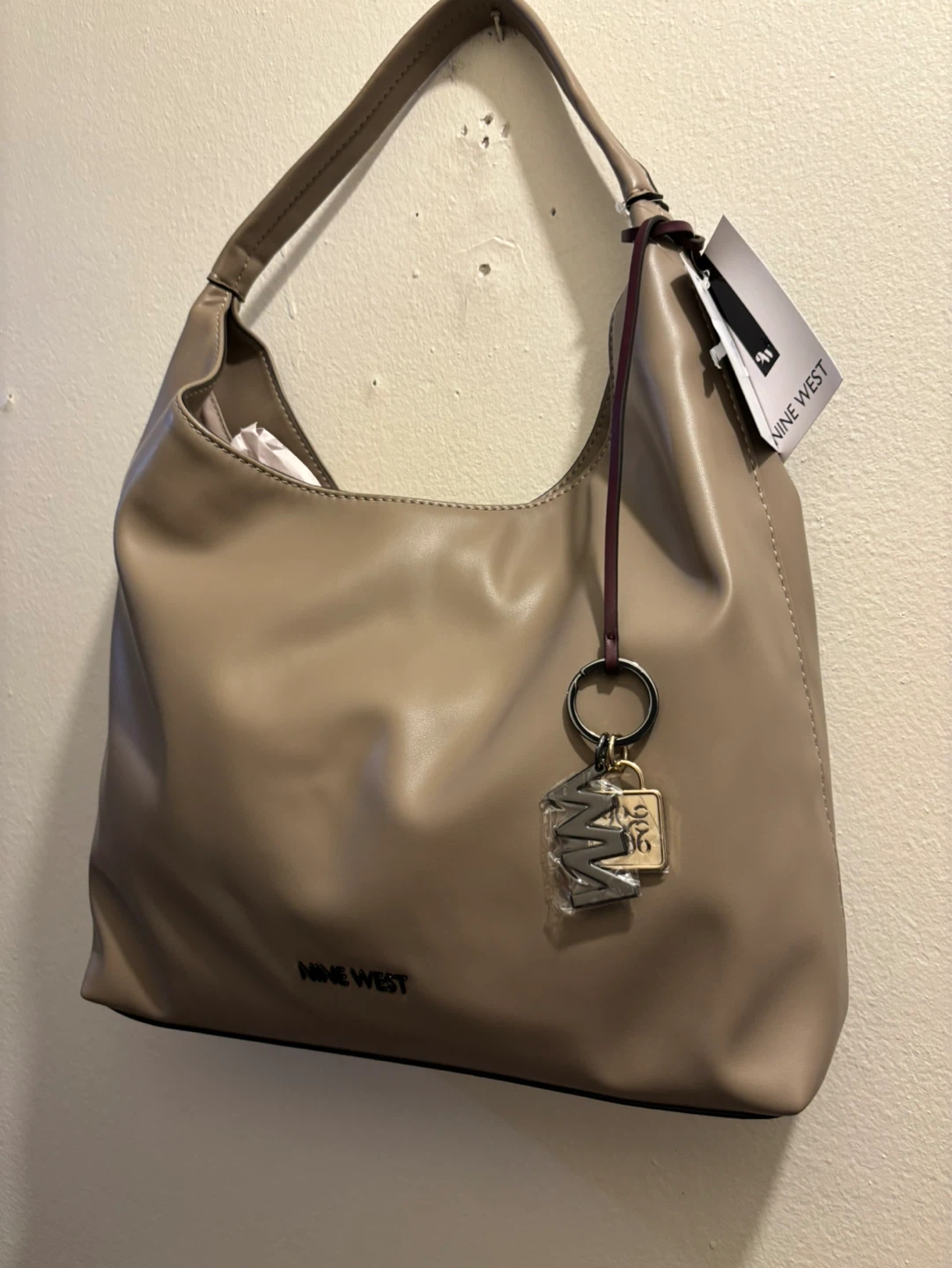 NEW Nine West Taupe Faux Leather Hobo Handbag
