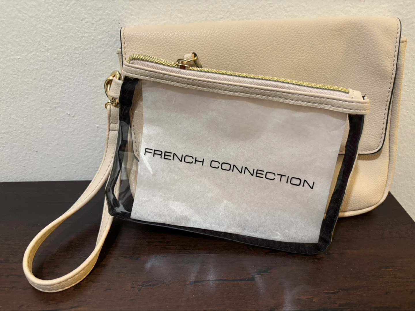 NEW French Connection Cream Clutch with Clear Pouch
