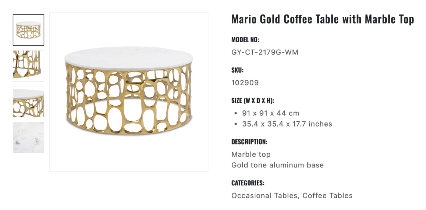Mario Gold Coffee Table with Marble Top
