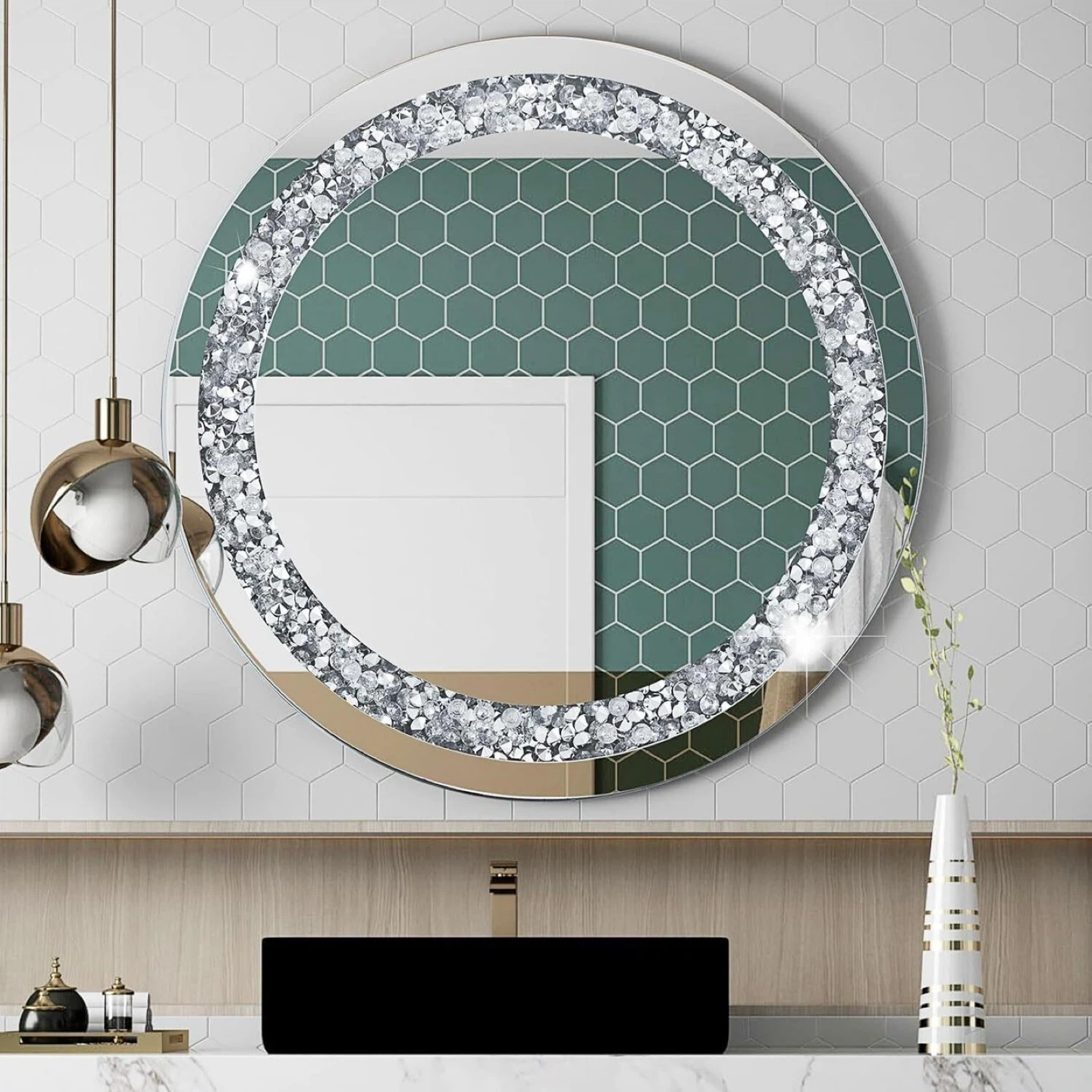 24in Round Crystal Crushed Mirror