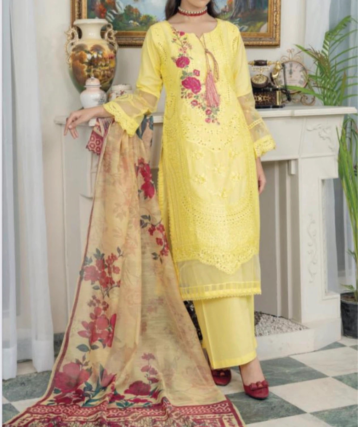 Yellow 3-Piece Embroidered cotton Suit with Floral Dupatta