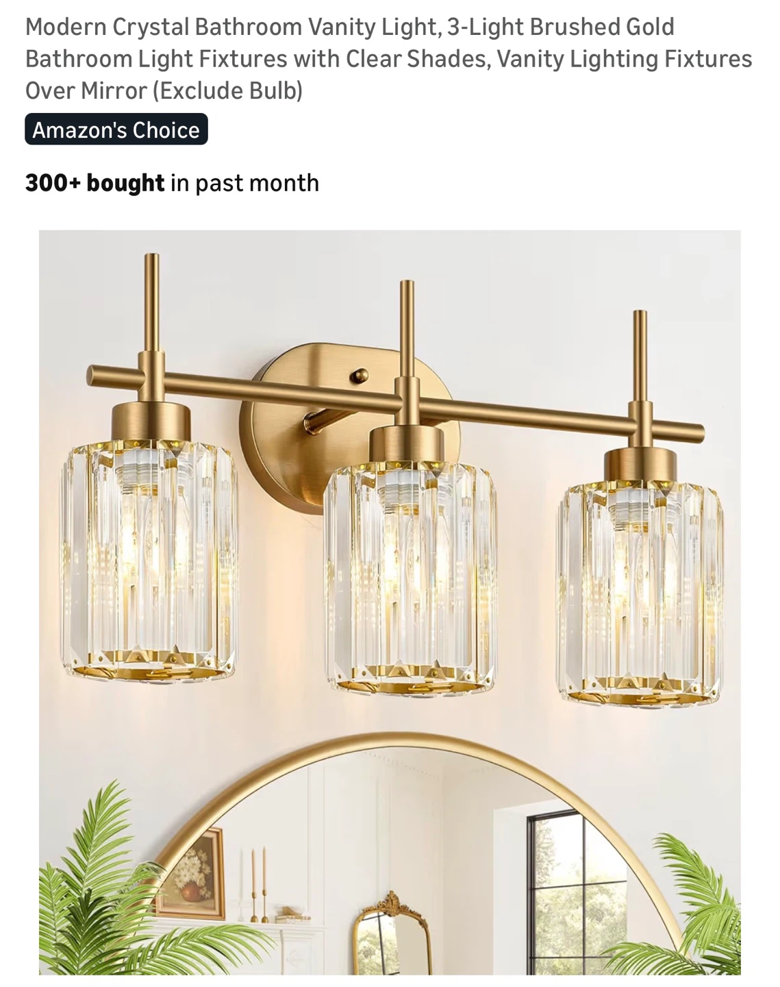 3-Light Brushed Gold Crystal Vanity Light Fixture 3MB