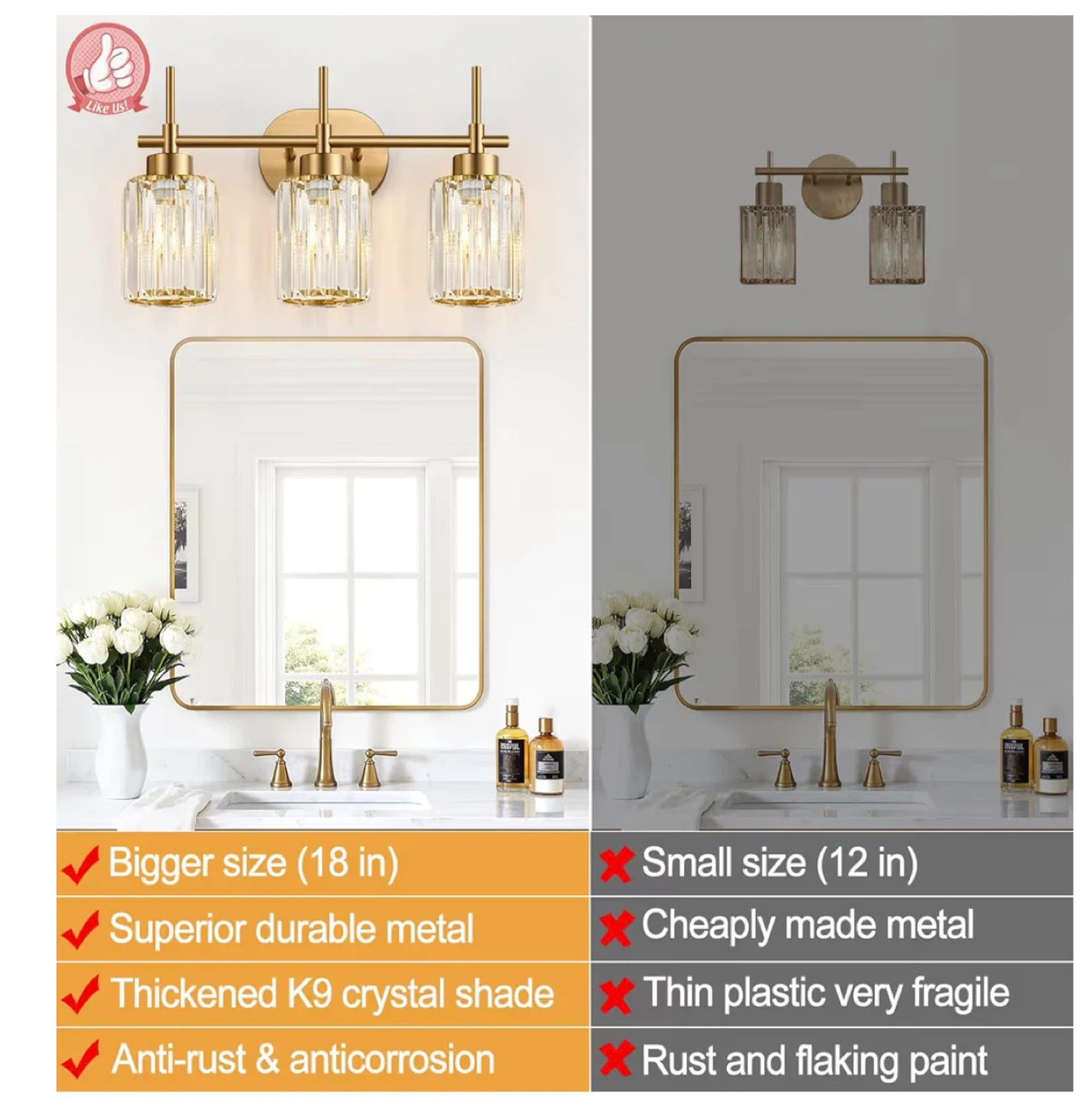 3-Light Brushed Gold Crystal Vanity Light Fixture 3MB - photo 3
