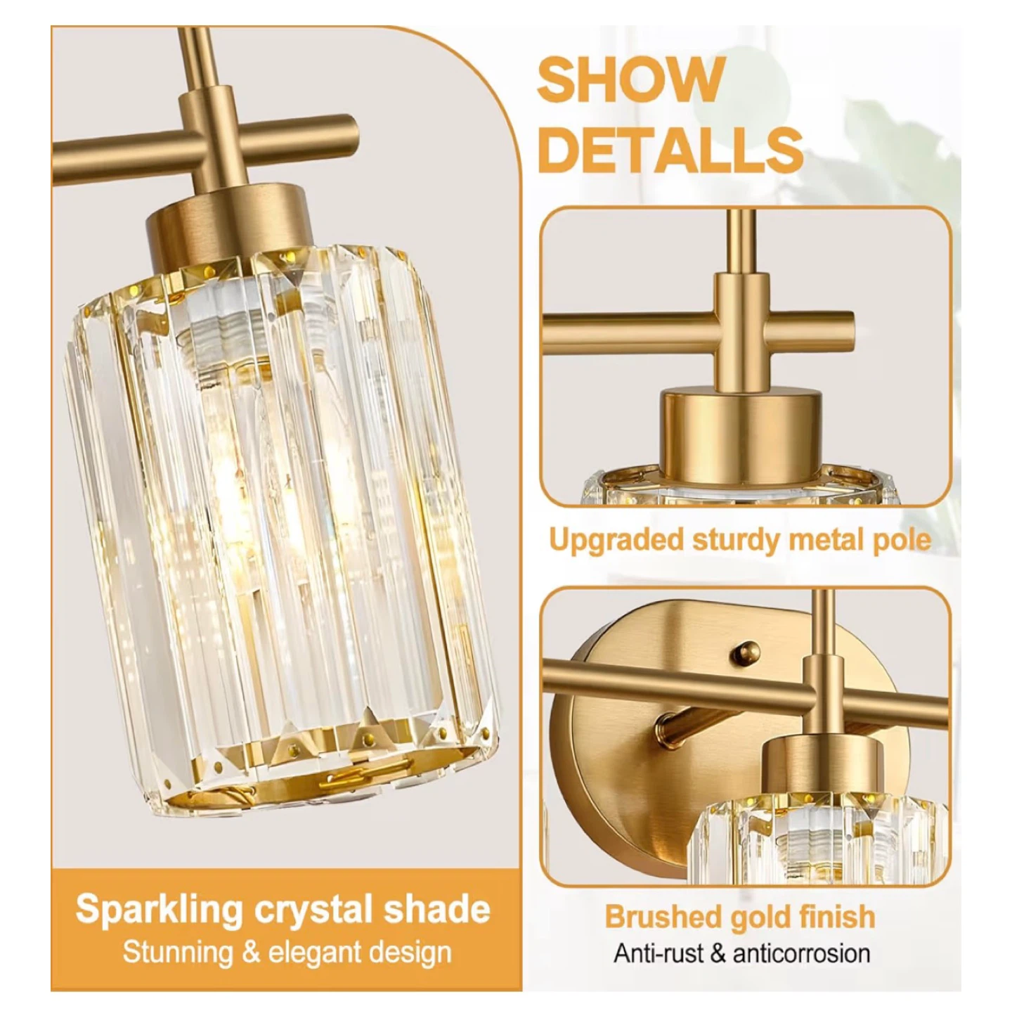 3-Light Brushed Gold Crystal Vanity Light Fixture 3MB - photo 4