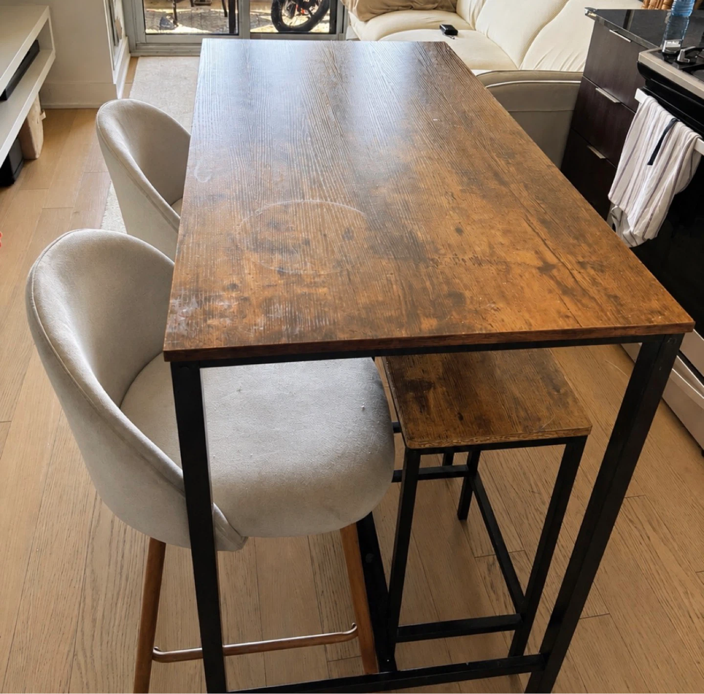 2 Wayfair Bar Chairs with a Rustic Bar Table Set with 2 Stools