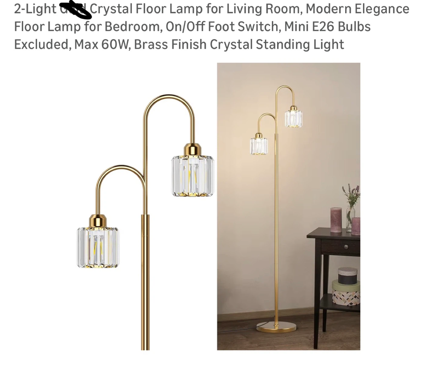 2-Light Crystal Floor Lamp - Brass Finish