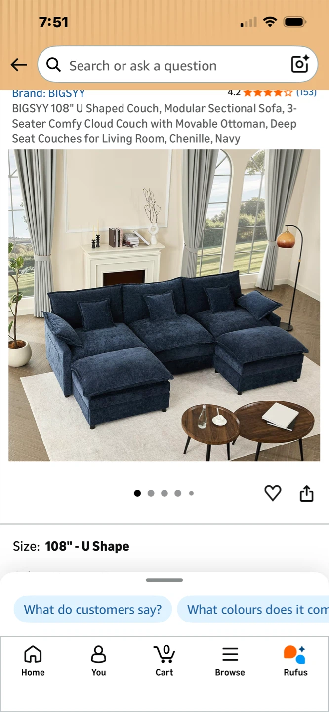 BIGSYY 108" Navy Chenille U Shaped Sectional Couch