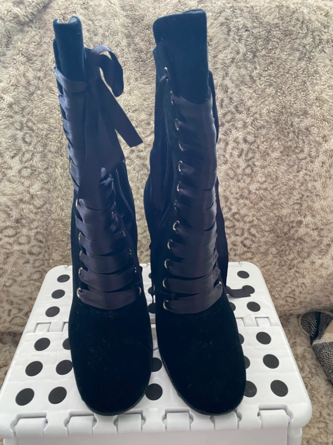 Vintage Black Velvet Lace-Up Heeled Boots Size 8