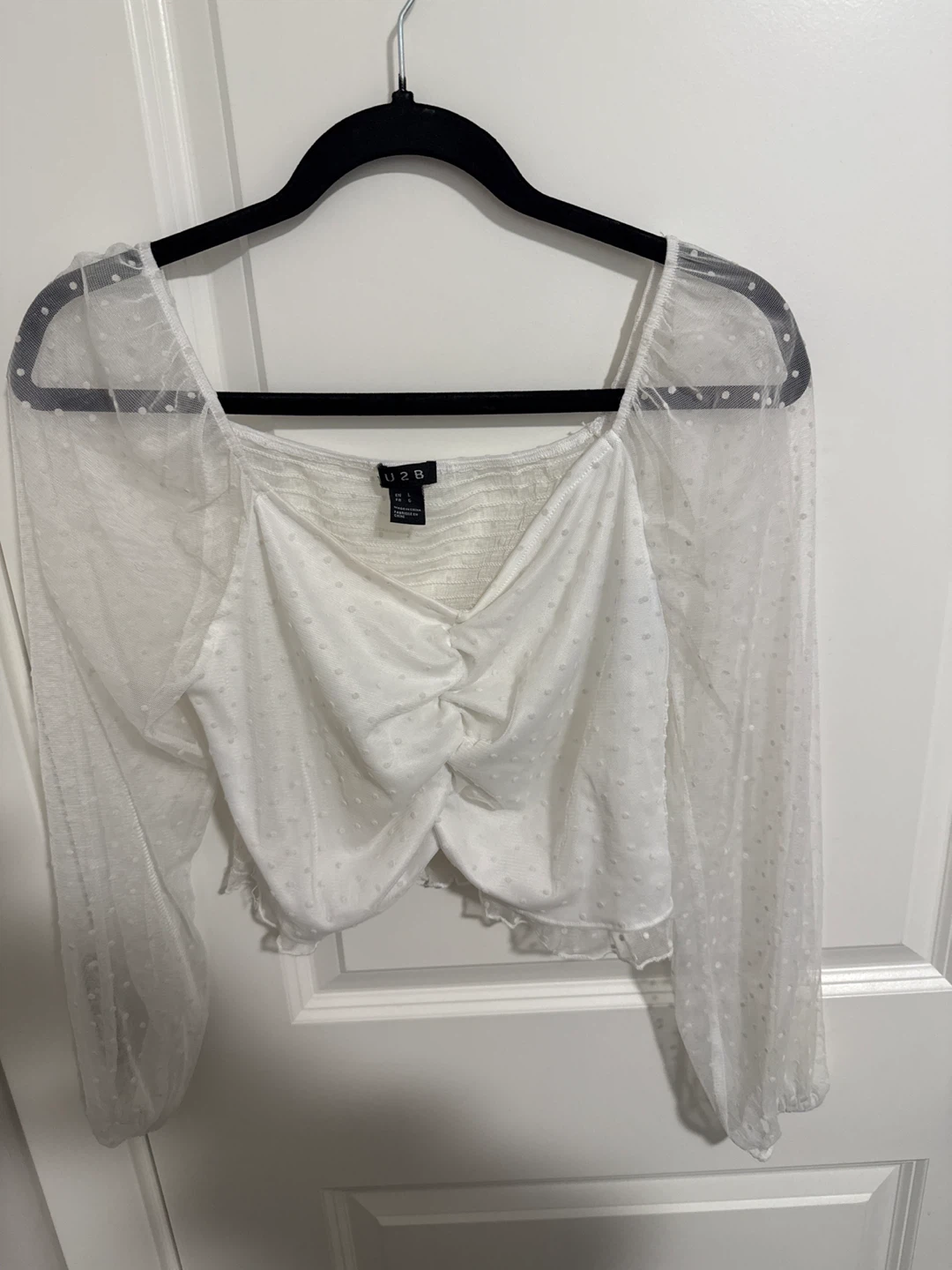 U2B White Sheer Swiss Dot Long Sleeve Top L
