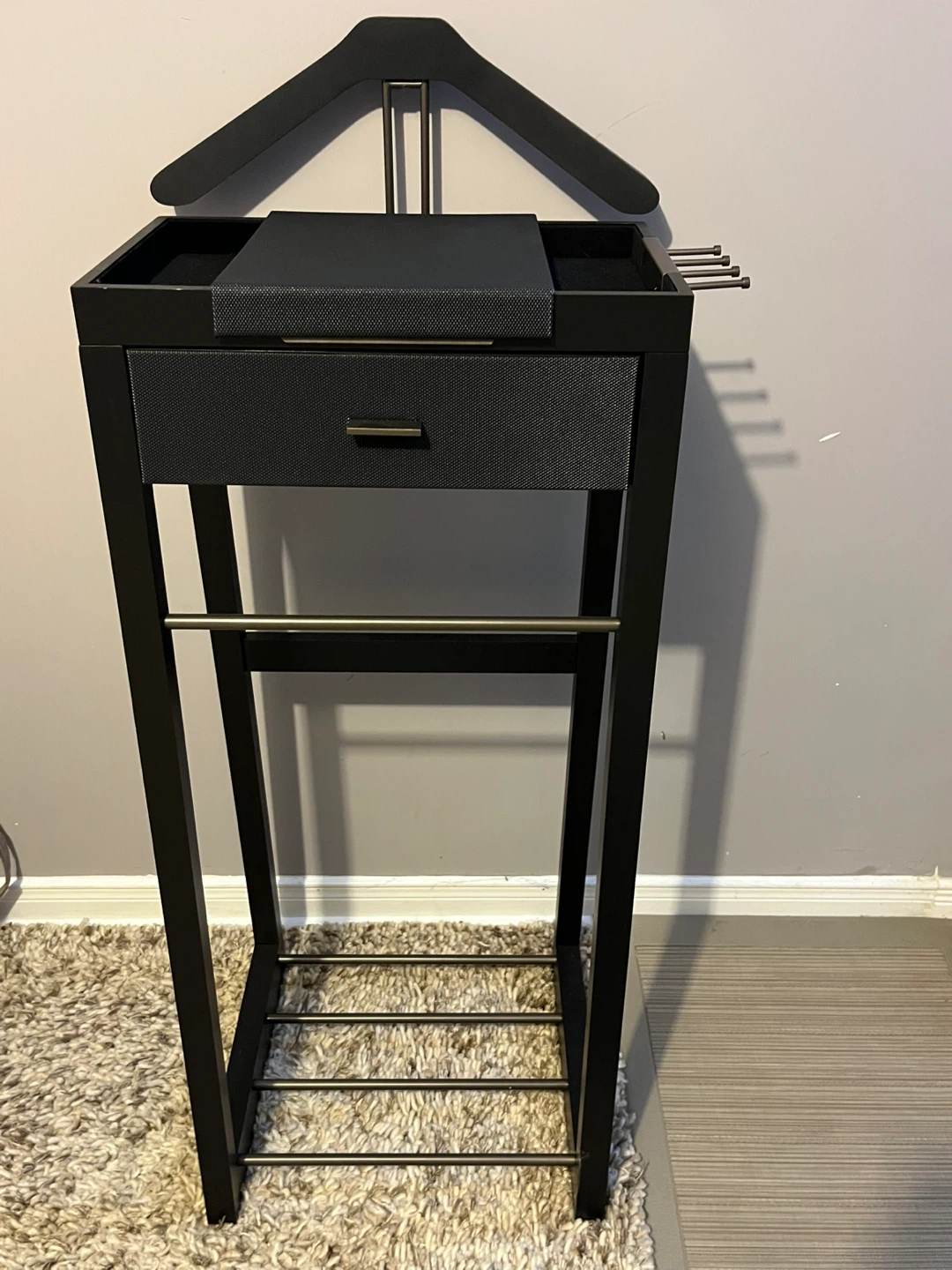 Black Valet Stand with Drawer and Hanger
