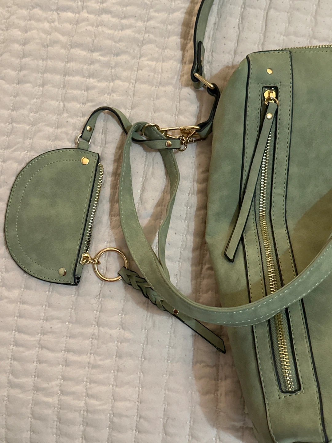 Sage Green Suede Shoulder Bag with Coin Pouch - photo 2