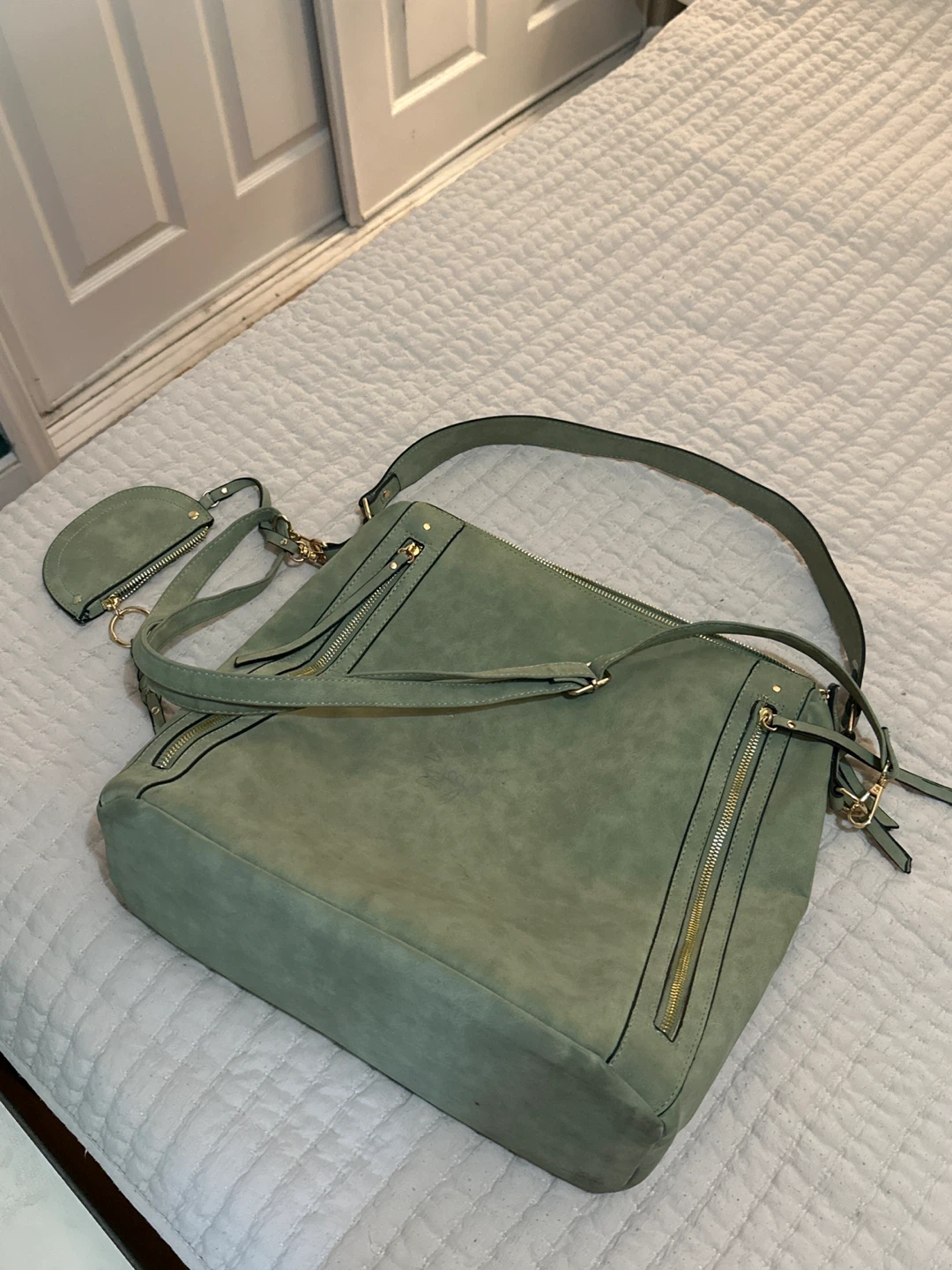 Sage Green Suede Shoulder Bag with Coin Pouch