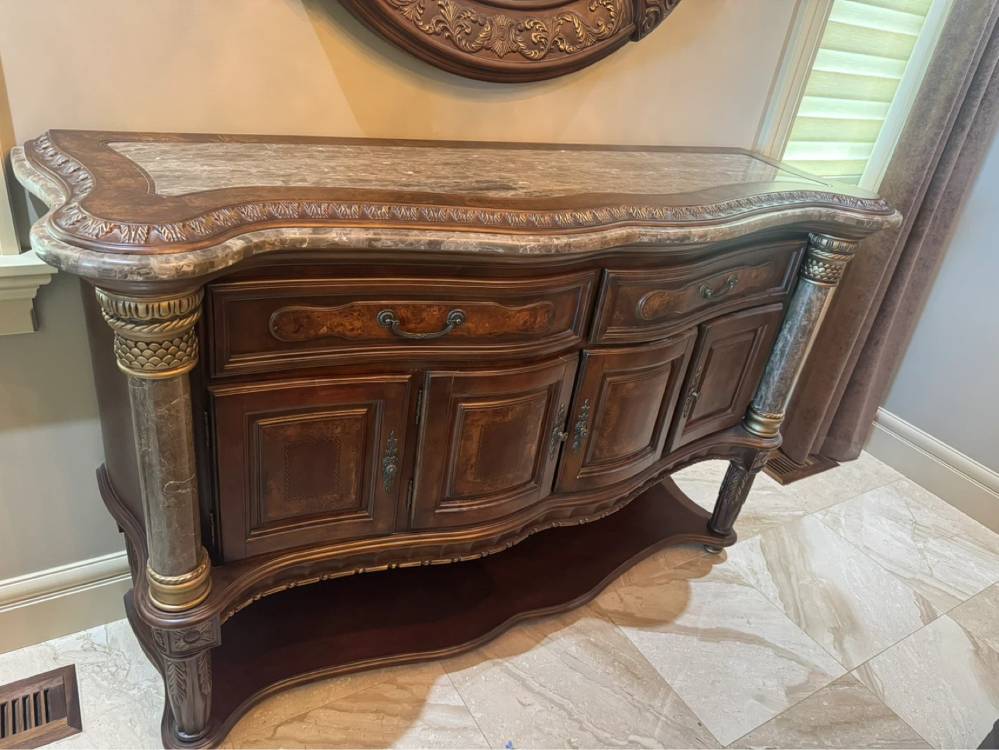 Antique Style Wooden Buffet with Marble Top - photo 2