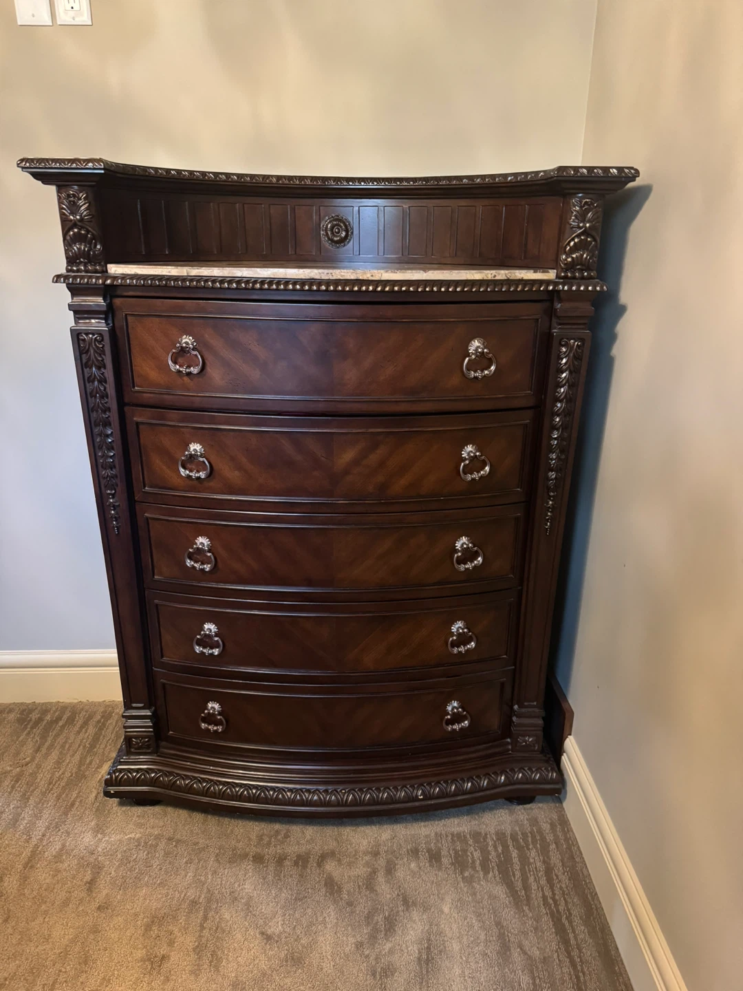Dark Wood Bedroom Set - Dresser, Bed Frame, and Storage Chest