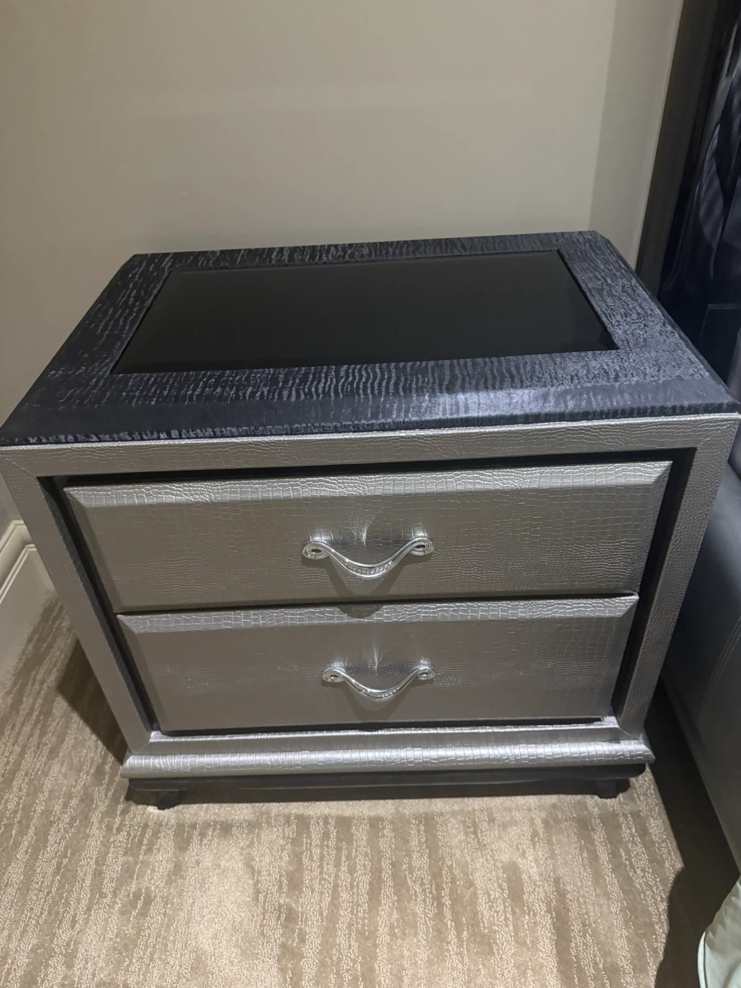2 Silver Textured Nightstand with Black Top