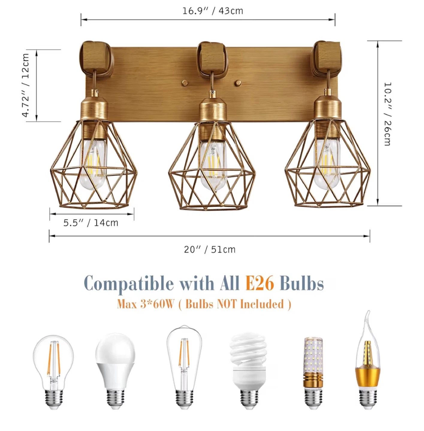 Farmhouse 3-Light Gold Bathroom Vanity Light Fixture F2BC - photo 4