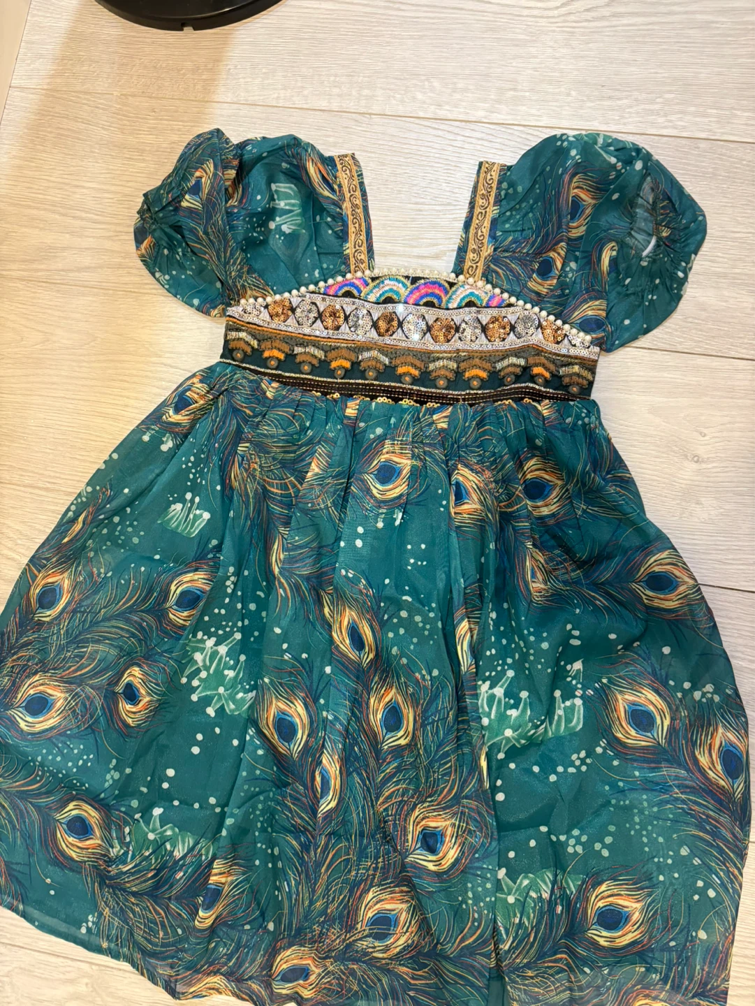 Green Peacock Print Dress with Embellished Waist - photo 2