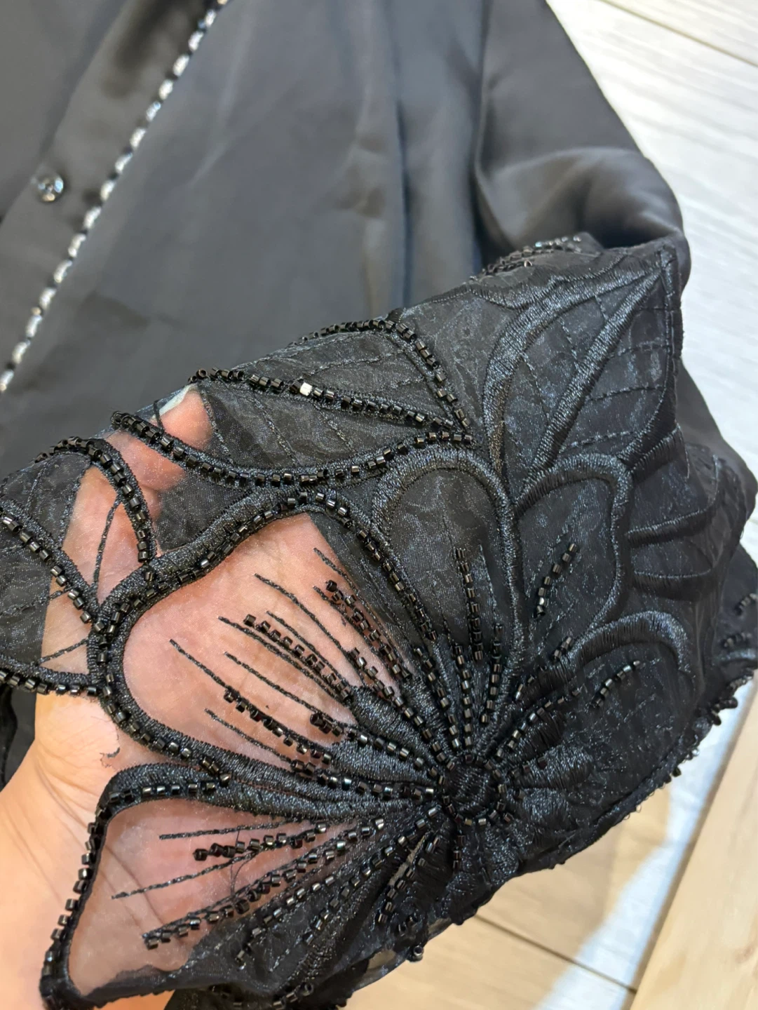 Black Abaya with Beaded Floral Embellishments - photo 4