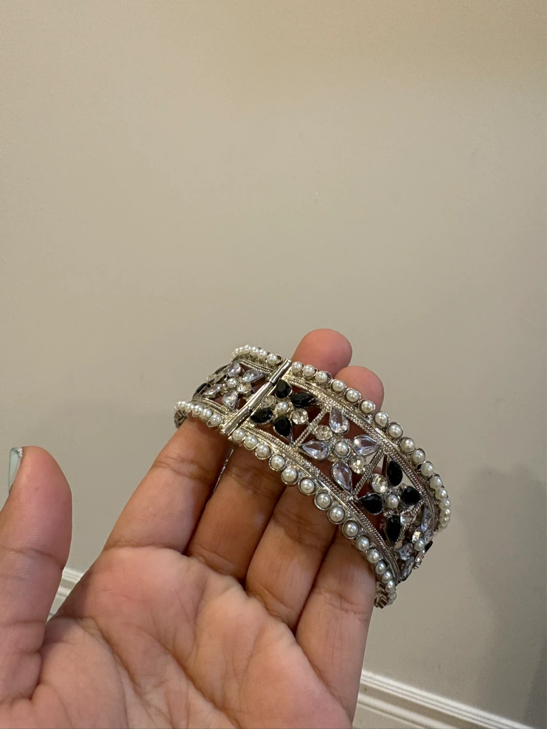 Embellished Bangle Bracelet with Pearls and Rhinestones