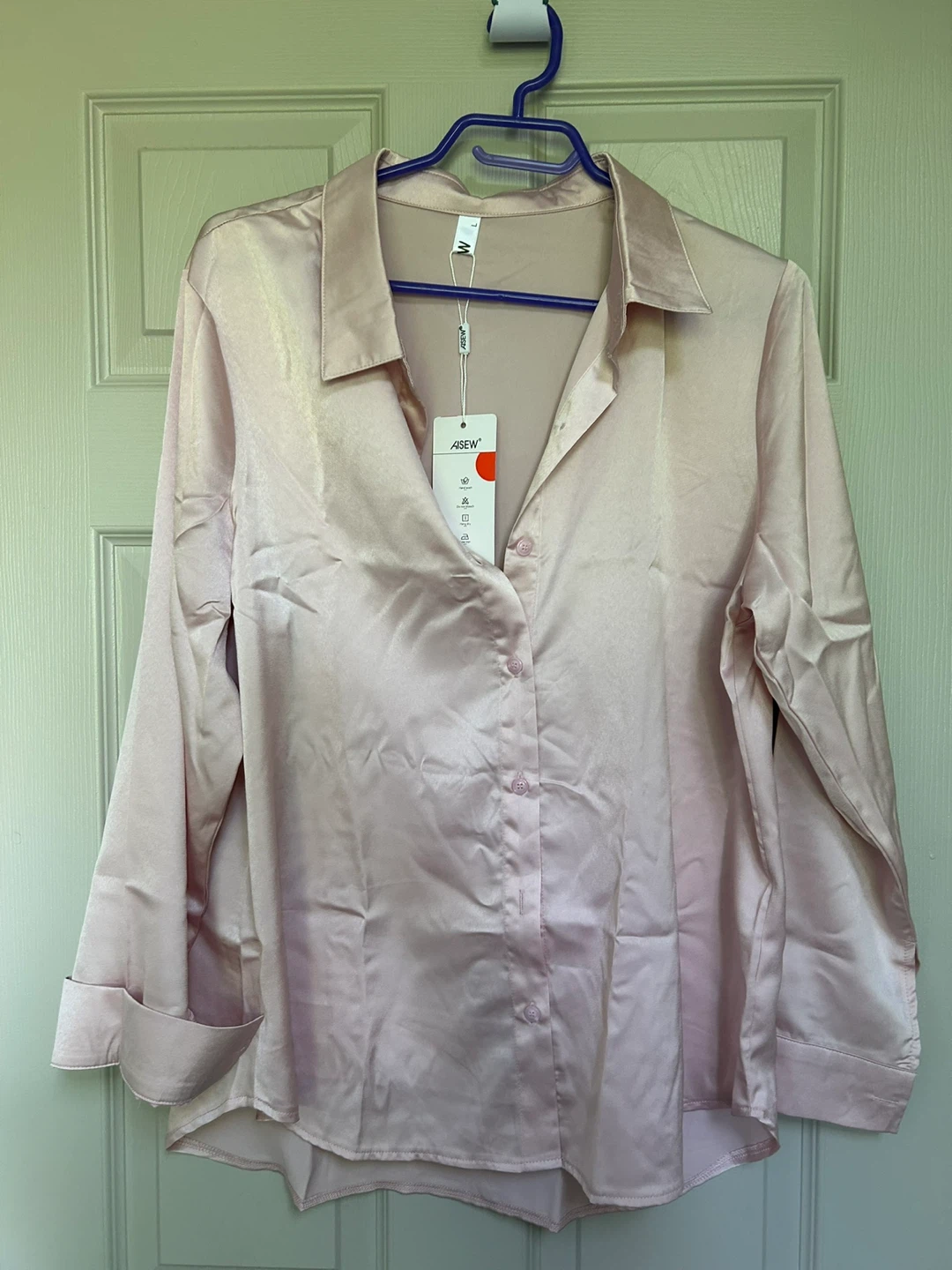 AISEW Women's Satin Button-Up Blouse - Pink, Size L