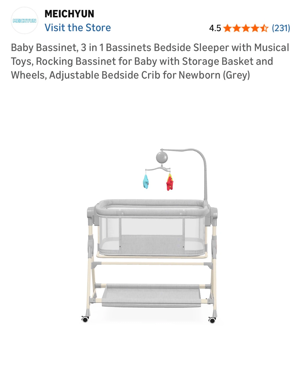 Baby Bassinet Bedside Sleeper with Musical Toys - Grey - photo 2