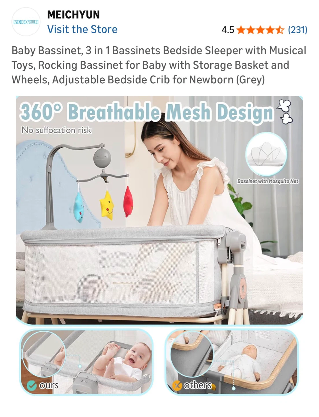 Baby Bassinet Bedside Sleeper with Musical Toys - Grey - photo 4
