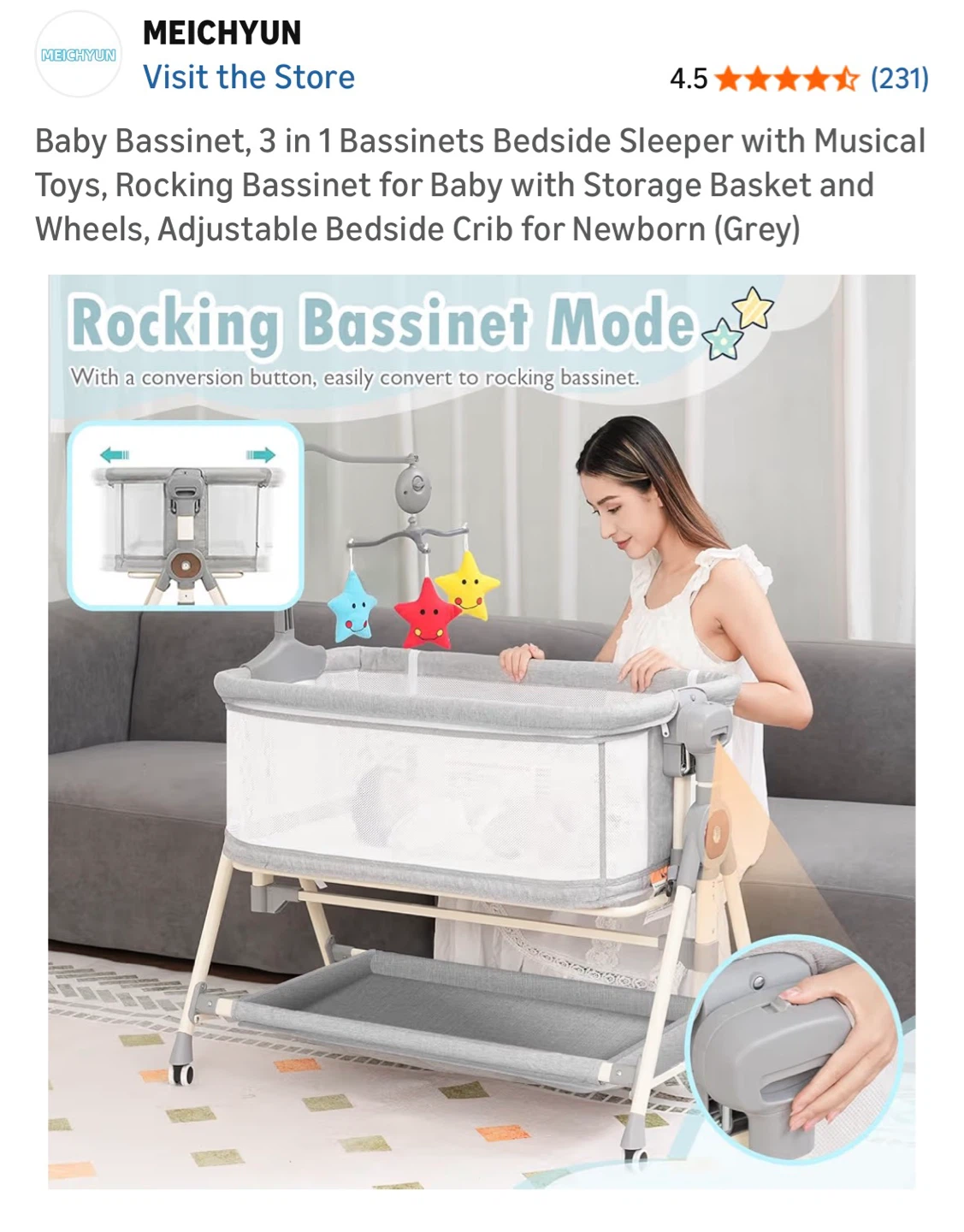 Baby Bassinet Bedside Sleeper with Musical Toys - Grey - photo 3
