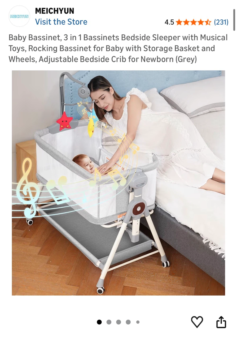 Baby Bassinet Bedside Sleeper with Musical Toys - Grey