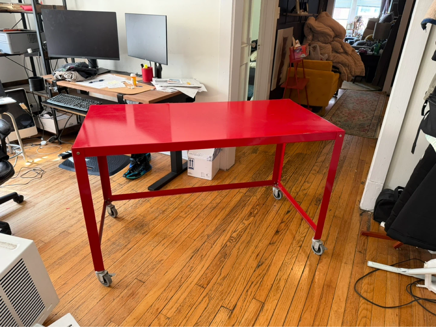 Red Metal Desk with Wheels