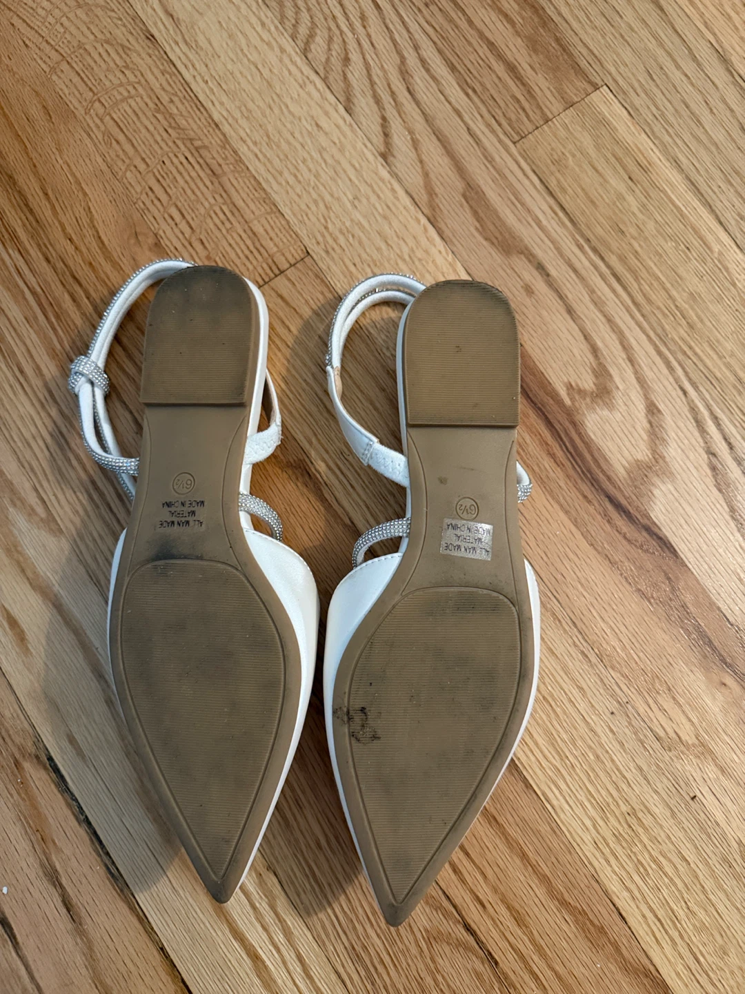 White Satin Pointed Toe Flats with Rhinestone Straps - photo 3