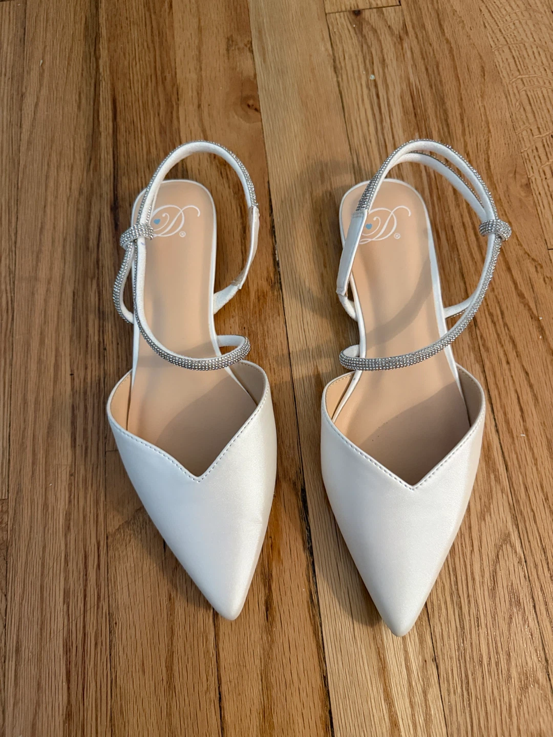White Satin Pointed Toe Flats with Rhinestone Straps