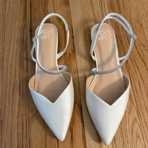 White Satin Pointed Toe Flats with Rhinestone Straps