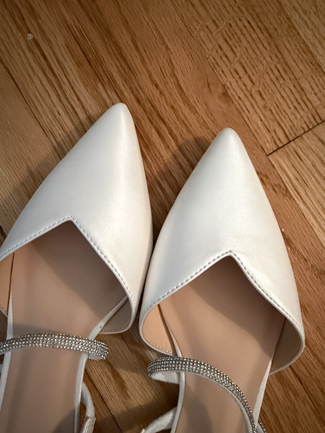 White Satin Pointed Toe Flats with Rhinestone Straps - photo 4
