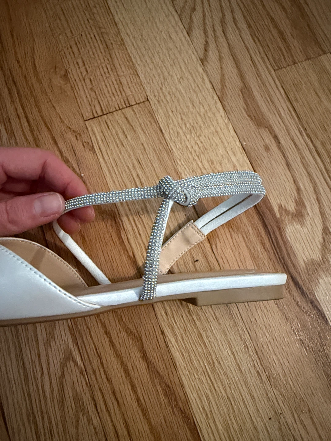 White Satin Pointed Toe Flats with Rhinestone Straps - photo 2