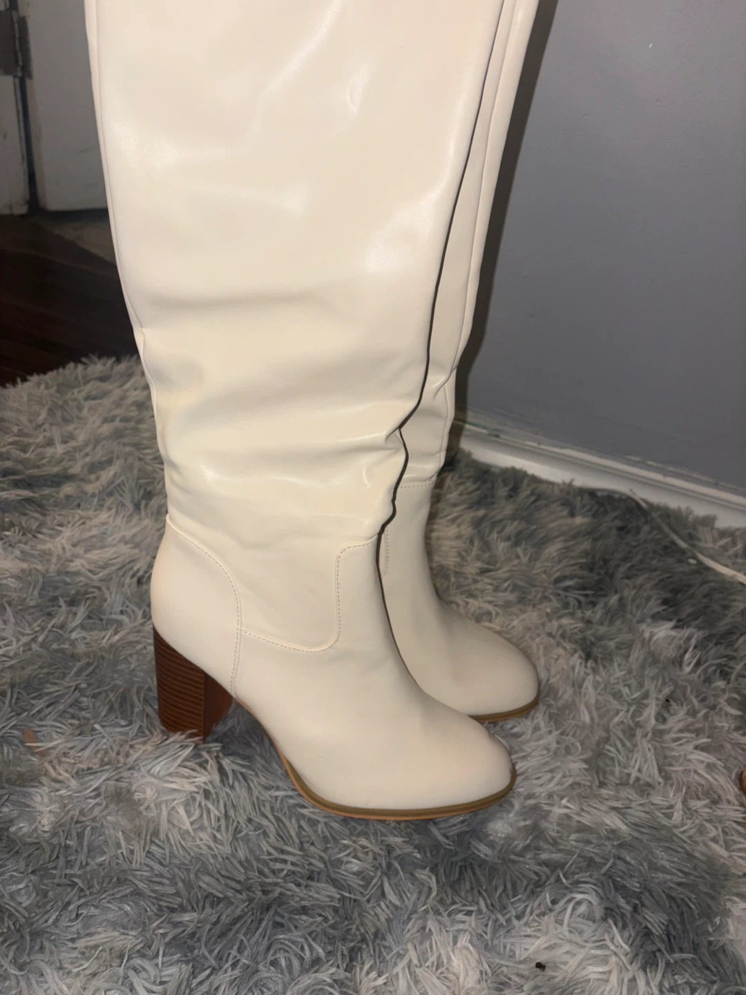 Cream Knee-High Boots with Chunky Heel NEVER WORN