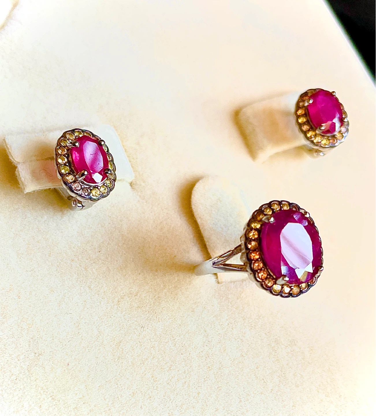 Ruby and Yellow Sapphire Ring and Earrings