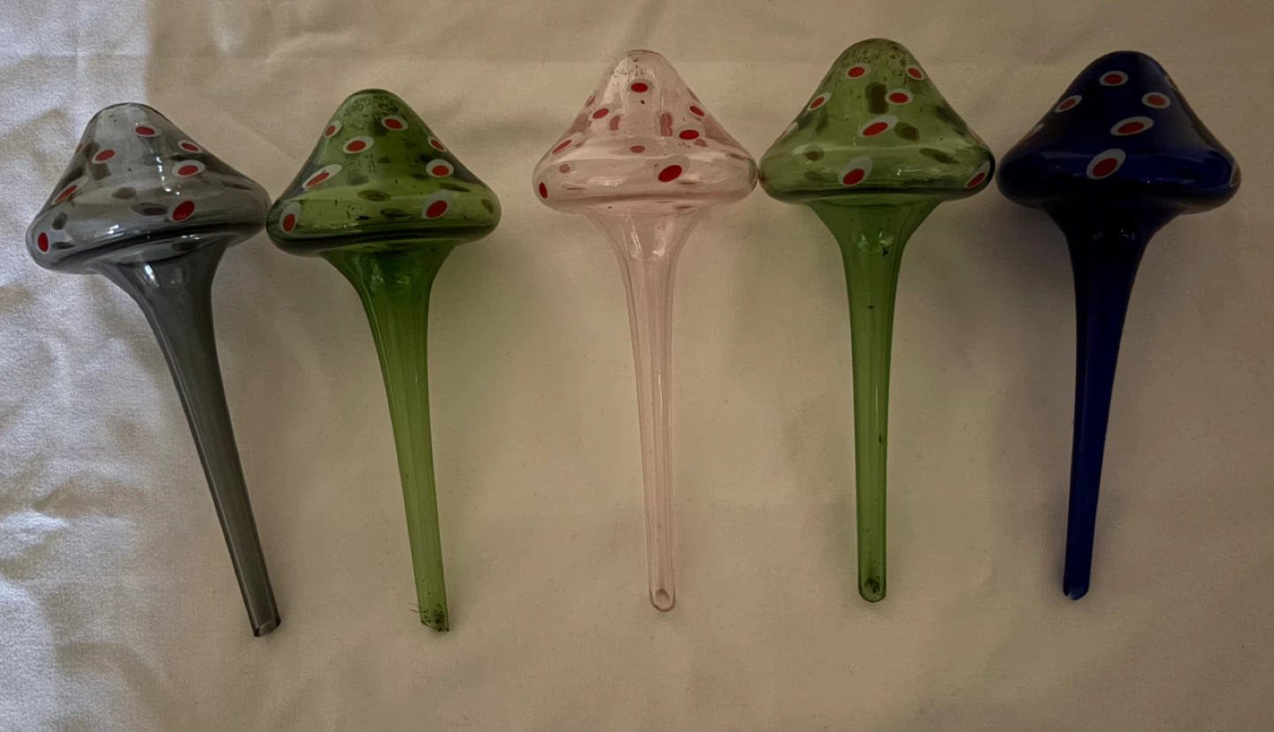 5 Mushroom Plant Watering Spikes - Glass Watering Globes