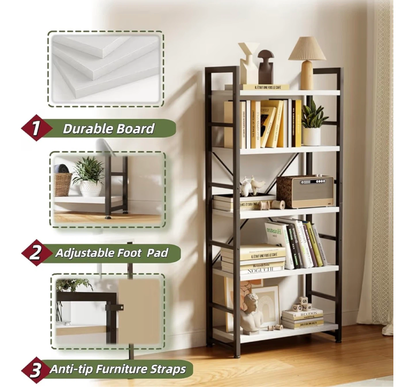 5-Shelf Bookshelf with Metal Frame - photo 2