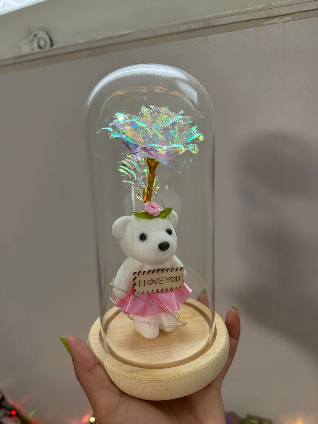 Glass Dome Rose Bear with "I Love You" Sign - photo 2