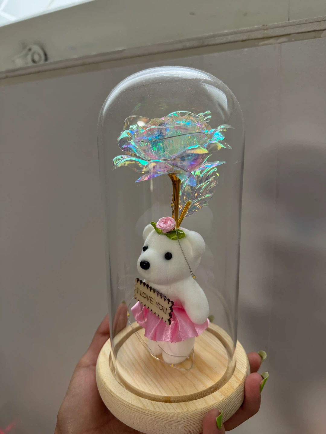 Glass Dome Rose Bear with "I Love You" Sign