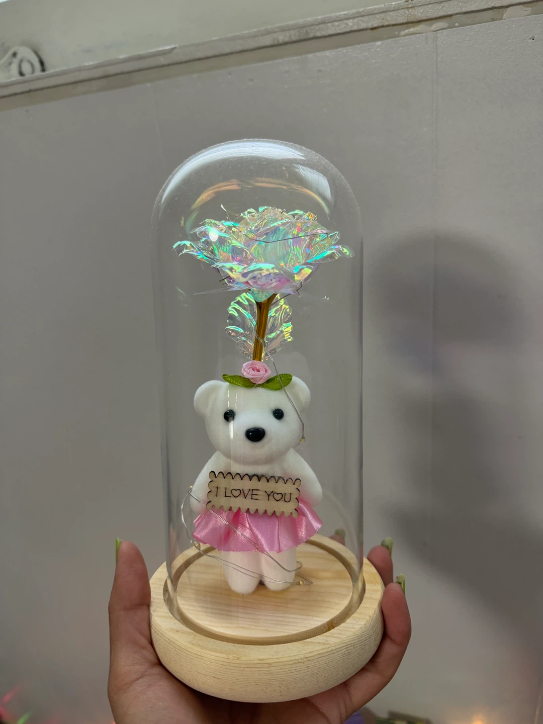 Glass Dome Rose Bear with "I Love You" Sign - photo 3