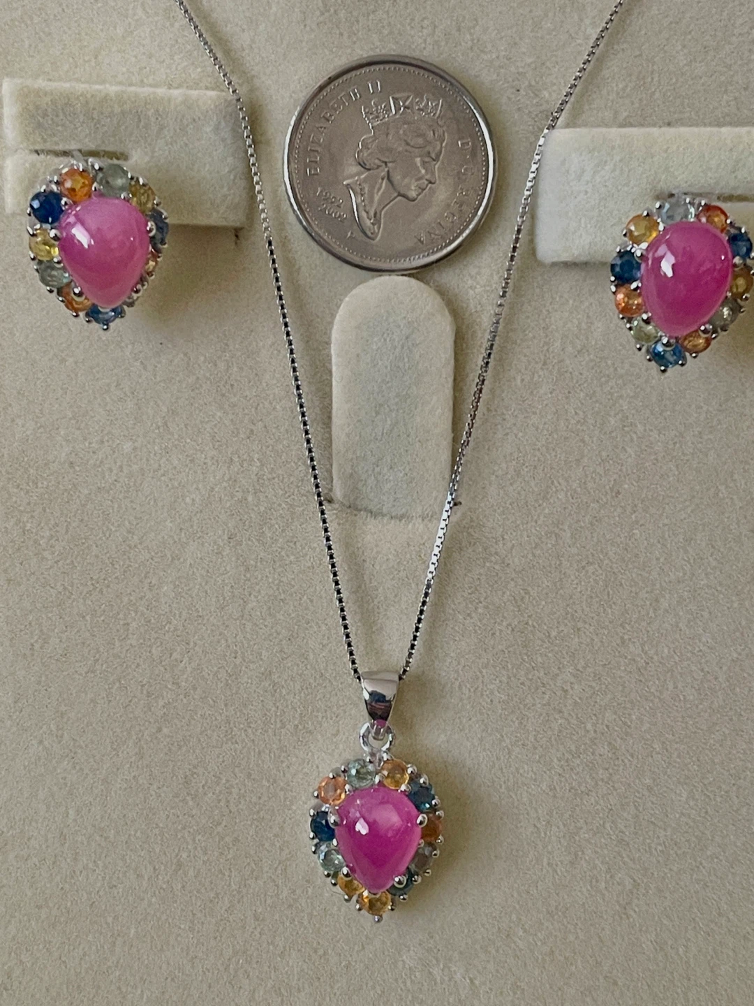 Ruby , Sapphire & white Topaz Necklace and Earrings