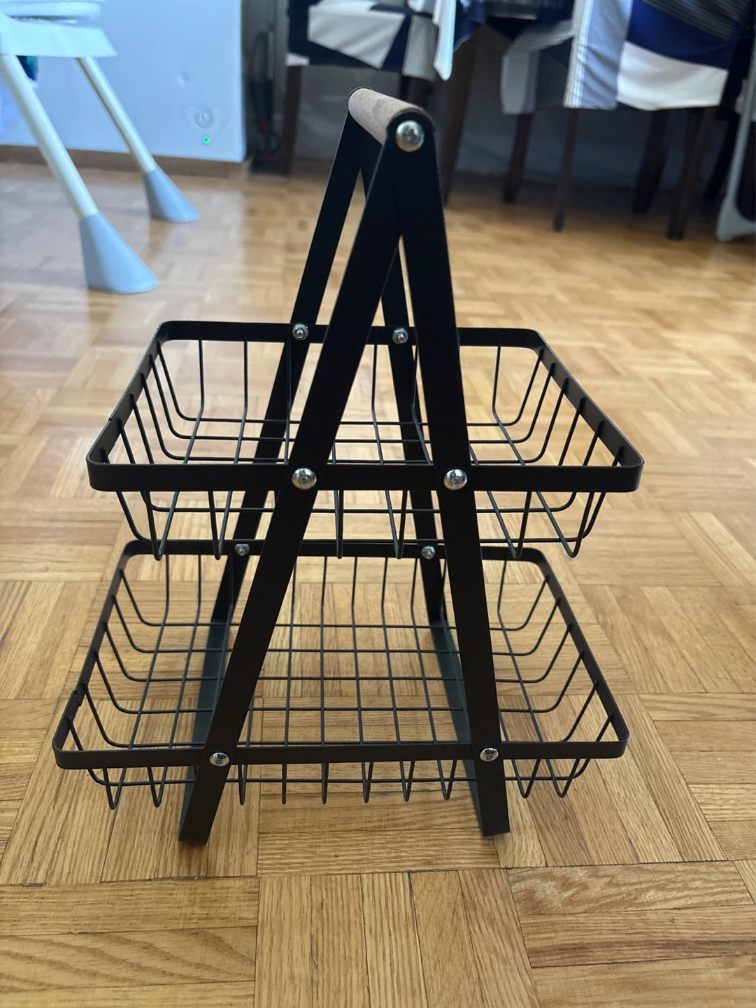 2-Tier Wire Fruit Basket with Wooden Handle